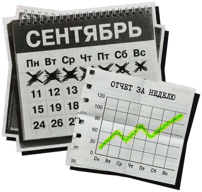 Перекидной календарь с отмеченными неделями и еженедельный отчет