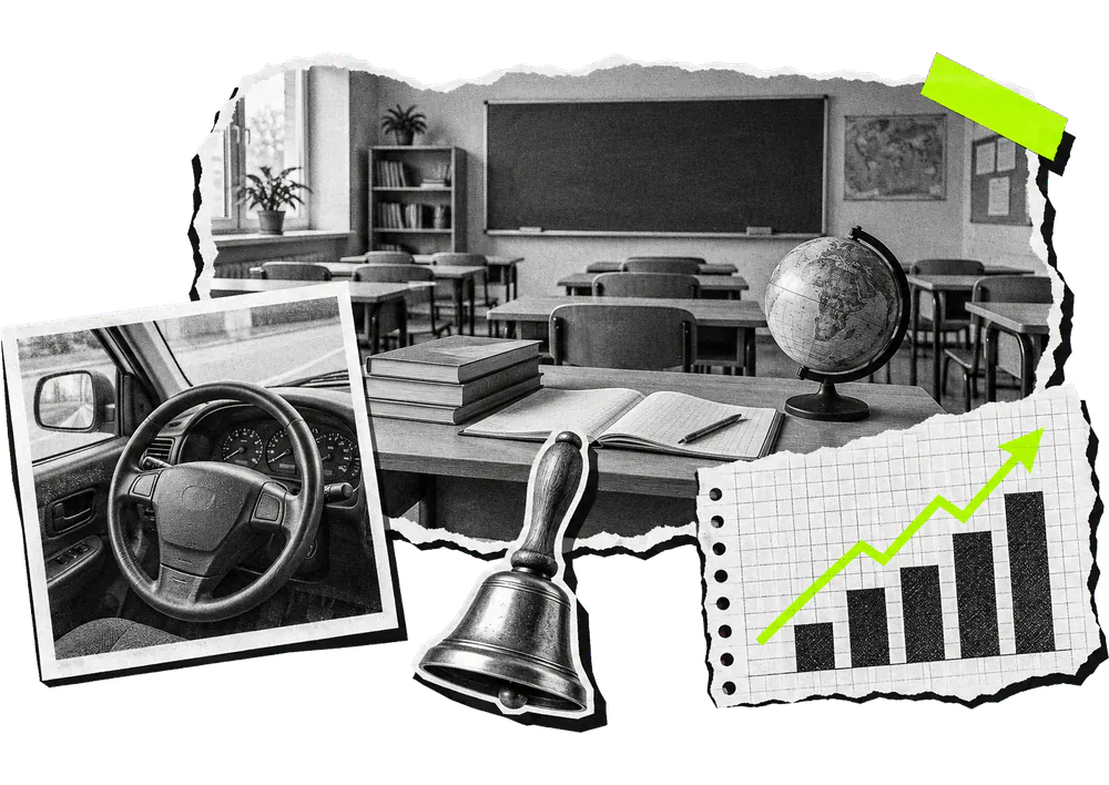 Коллаж: пустой учебный класс с партами и глобусом, руль учебного автомобиля, школьный колокольчик и график роста