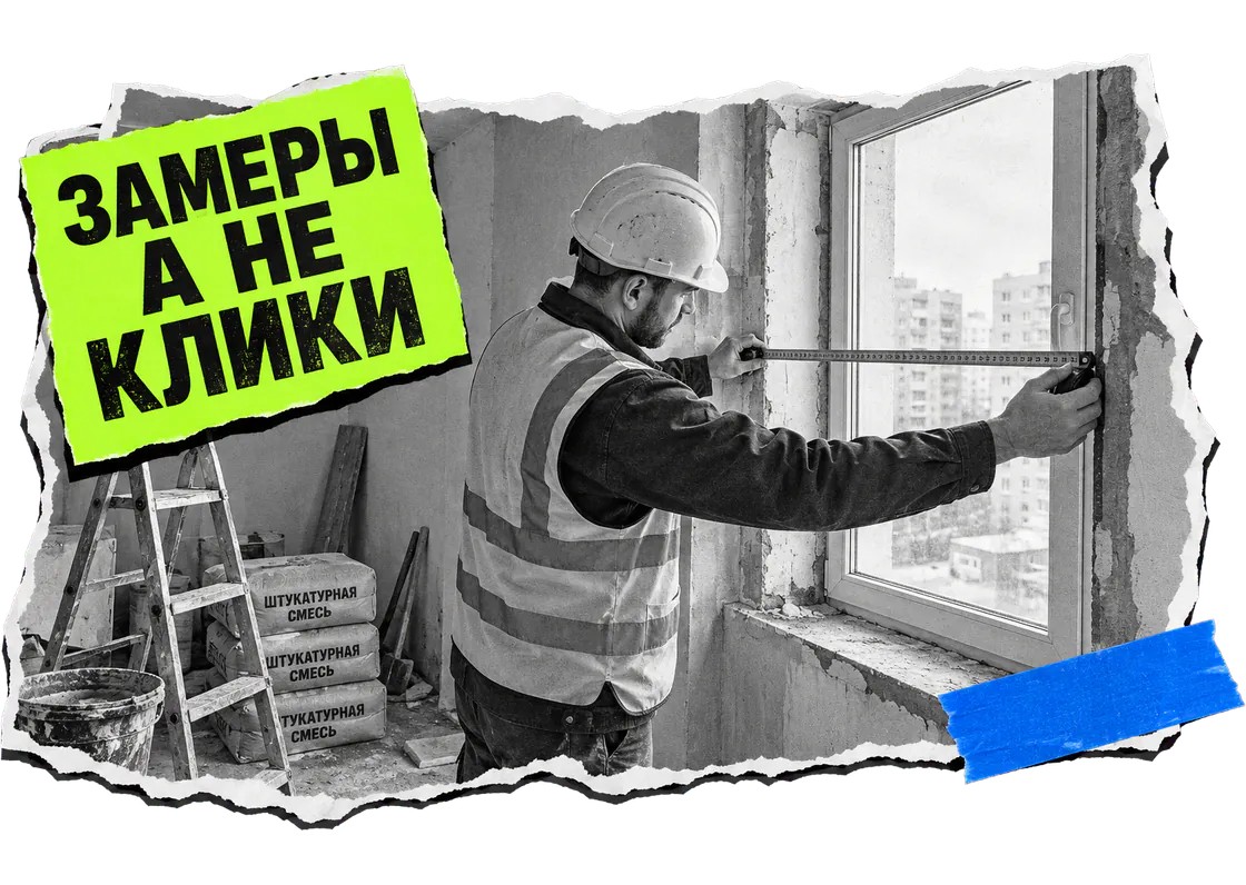 Прораб в каске замеряет оконный проем в квартире на ремонте