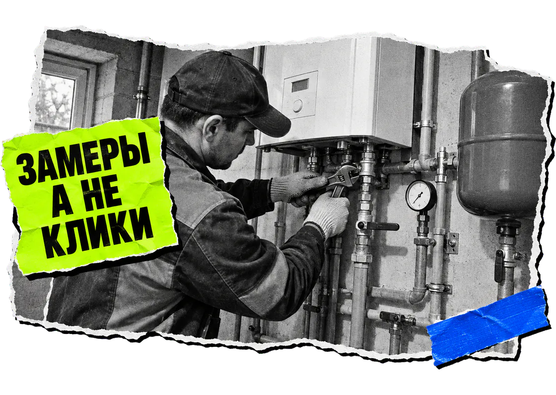 Монтажник затягивает соединение на трубах под котлом в котельной частного дома